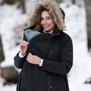 Women's Black Hooded Maternity Winter Coat With Removable Front Panel